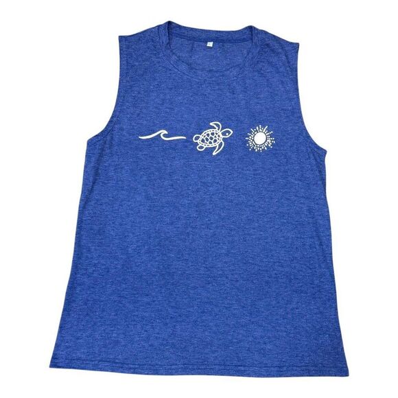 Sleeveless Blue Shirt Sea Turtle Wave & Sun Graphic Large Tank Top Sleeveless - Picture 1 of 5